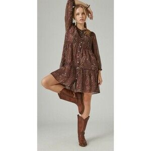 Lucky Brand Dress Women Small Neutral Paisley Boho Sheer Long Sleeve Autumn Fall